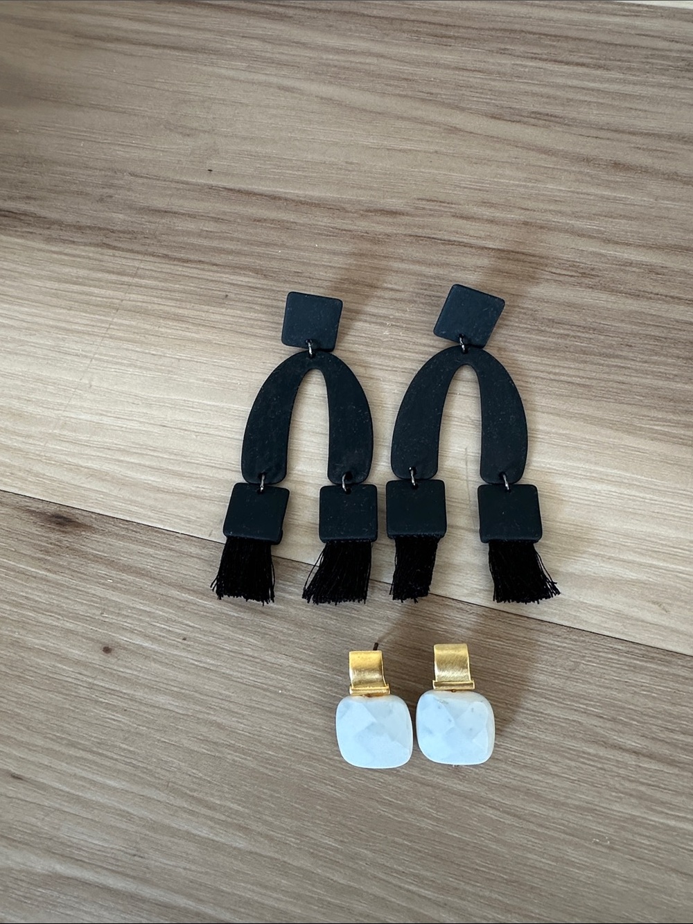 Black Statement Tassel Drop Earrings & White Gold-Accent Studs Set